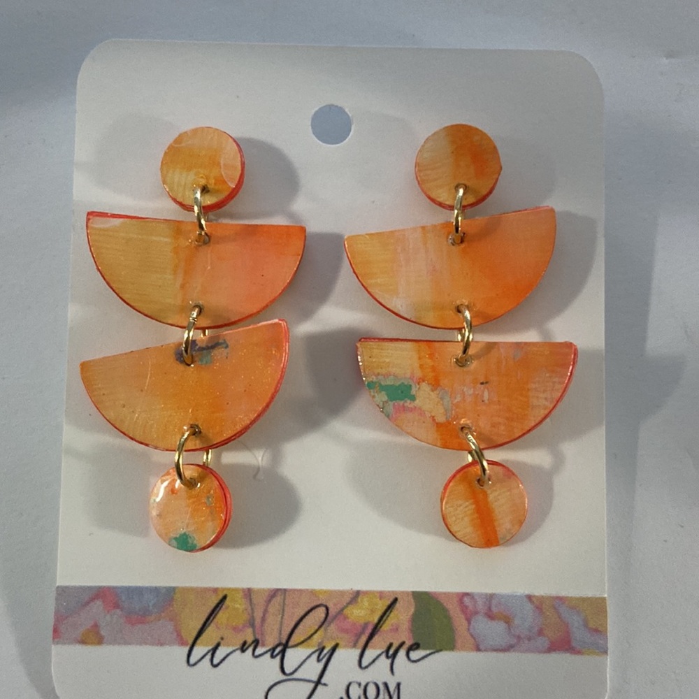 Hand Crafted Orange Wedge Dangle Statement Earrings - Picture 7 of 9